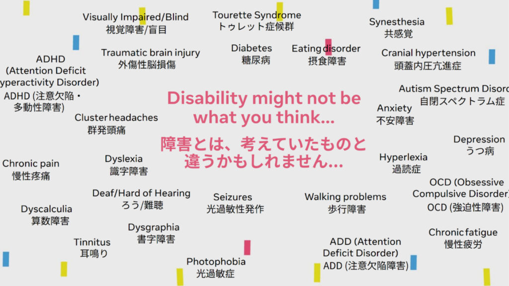 研修のスライド。 障害とは、考えていたものと違うかもしれません。世の中には様々な障害があります。ADHD,うつ病,摂食障害,耳鳴りなど様々な障害が含まれます。