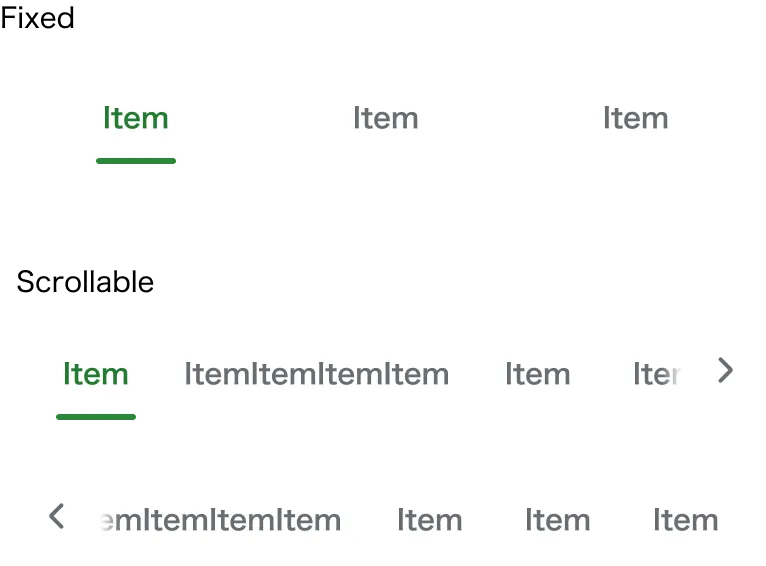 FixedとScrollableの状態が表示されたUnderlineTabコンポーネントのスクリーンショット。