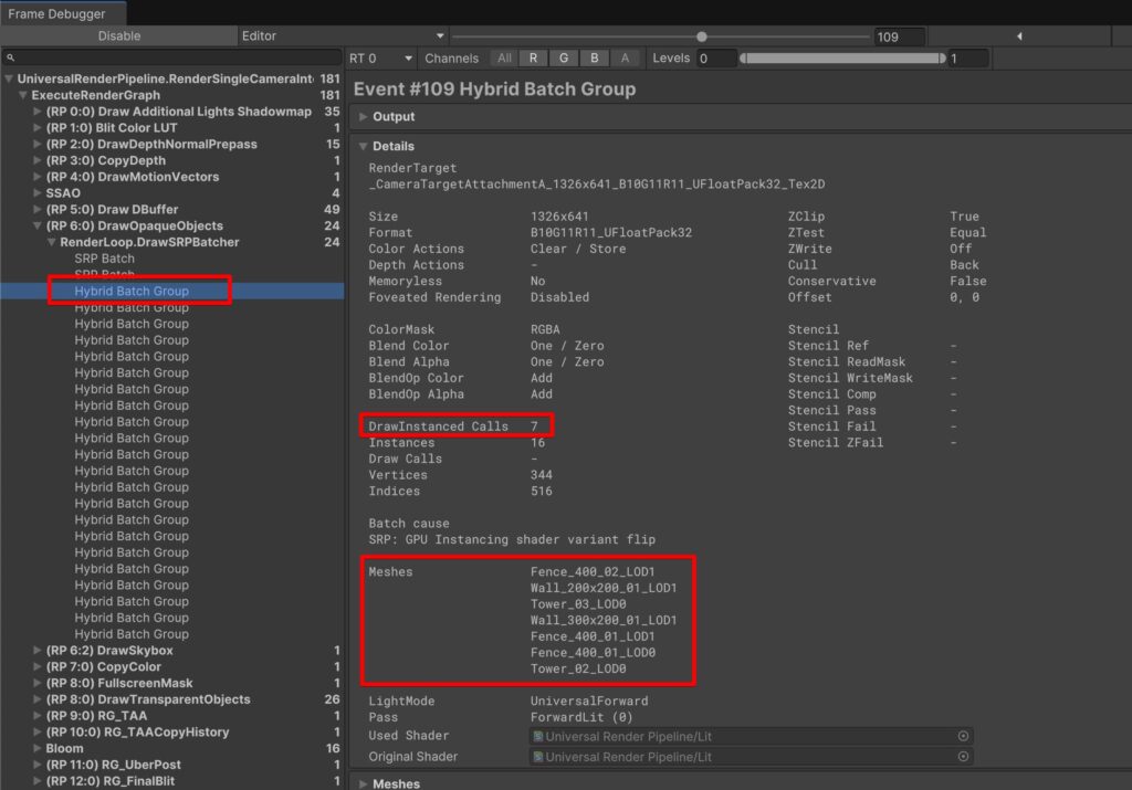 Frame Debugger における Hybrid Batch Group の表示