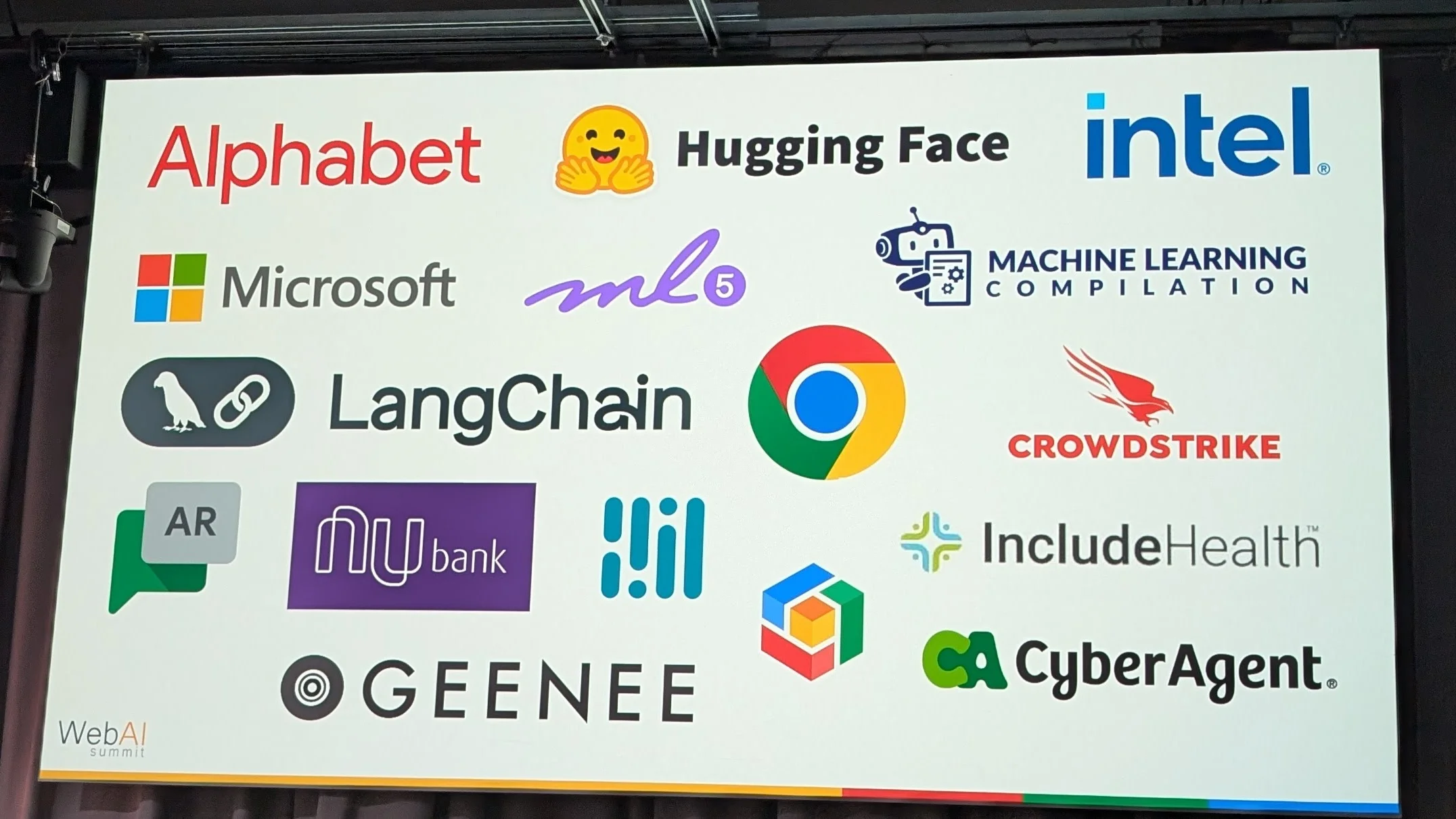 スクリーンに表示される企業のロゴ。左上からAlphabet, Hugging Face, intel, Microsoft, ml5, MACHINE LEARNING COMPILATION, LangChain, Google Chrome, CROWDSTRIKE, AR, nubank, Py Hand Detector, IncludeHealth, GREENEE, CyberAgent が表示されている。