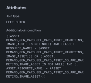 Left Outer JoinのAttributes。JOIN条件にORが含まれていることが確認できる画面キャプチャ