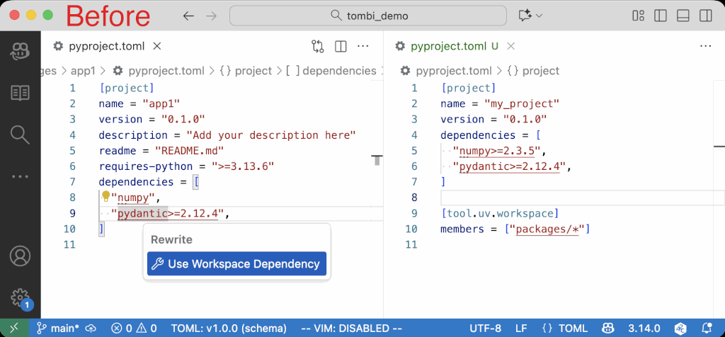 Use Workspace Dependency Code Action