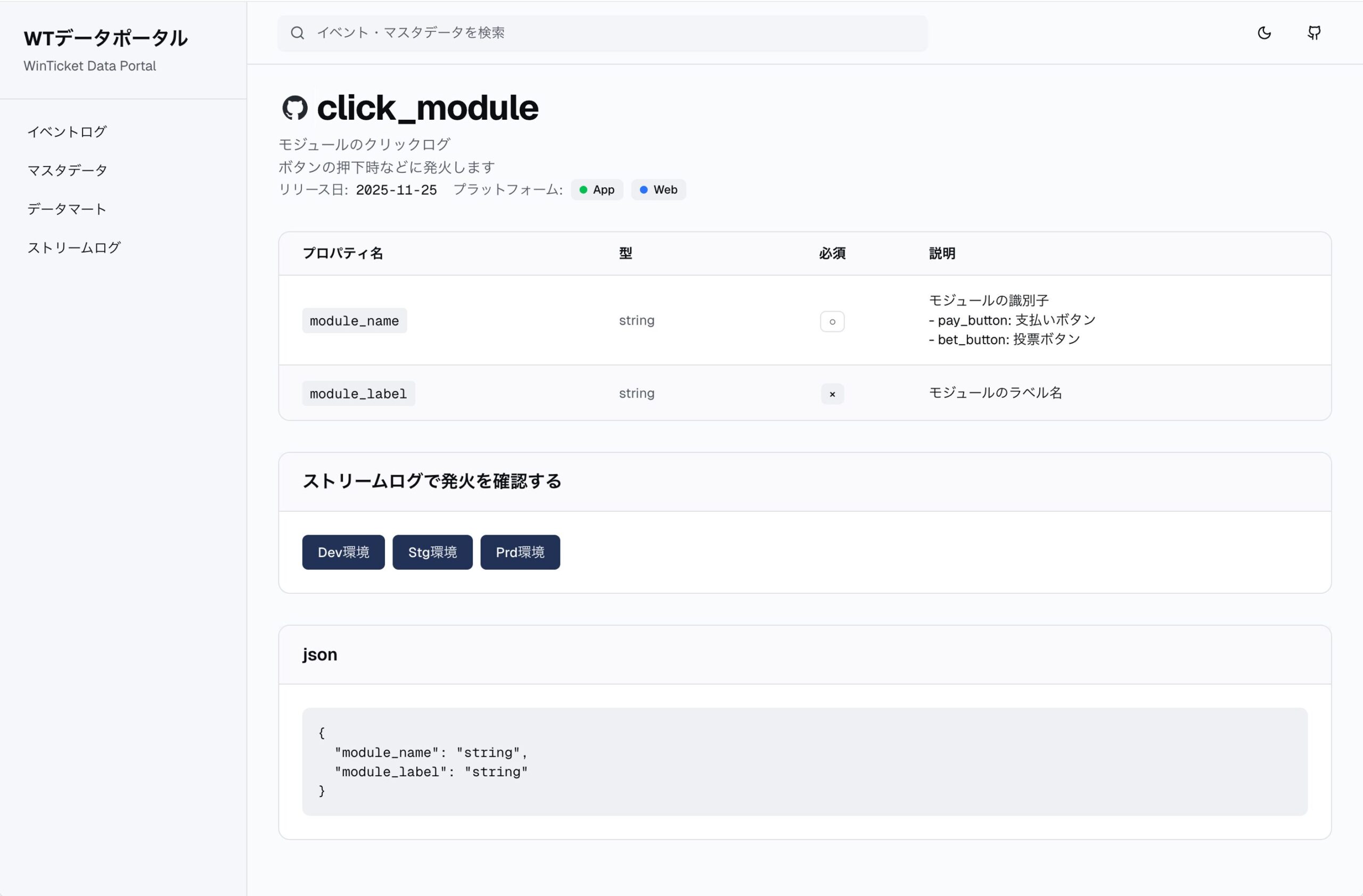 WINTICKETデータポータルのclick_moduleテーブルのスキーマ画面。module_nameとmodule_labelの２つのstringプロパティを表示し、Dev環境、Stg環境、Prd環境の切り替えタブとJSONフォーマットの例を含むドキュメントページ