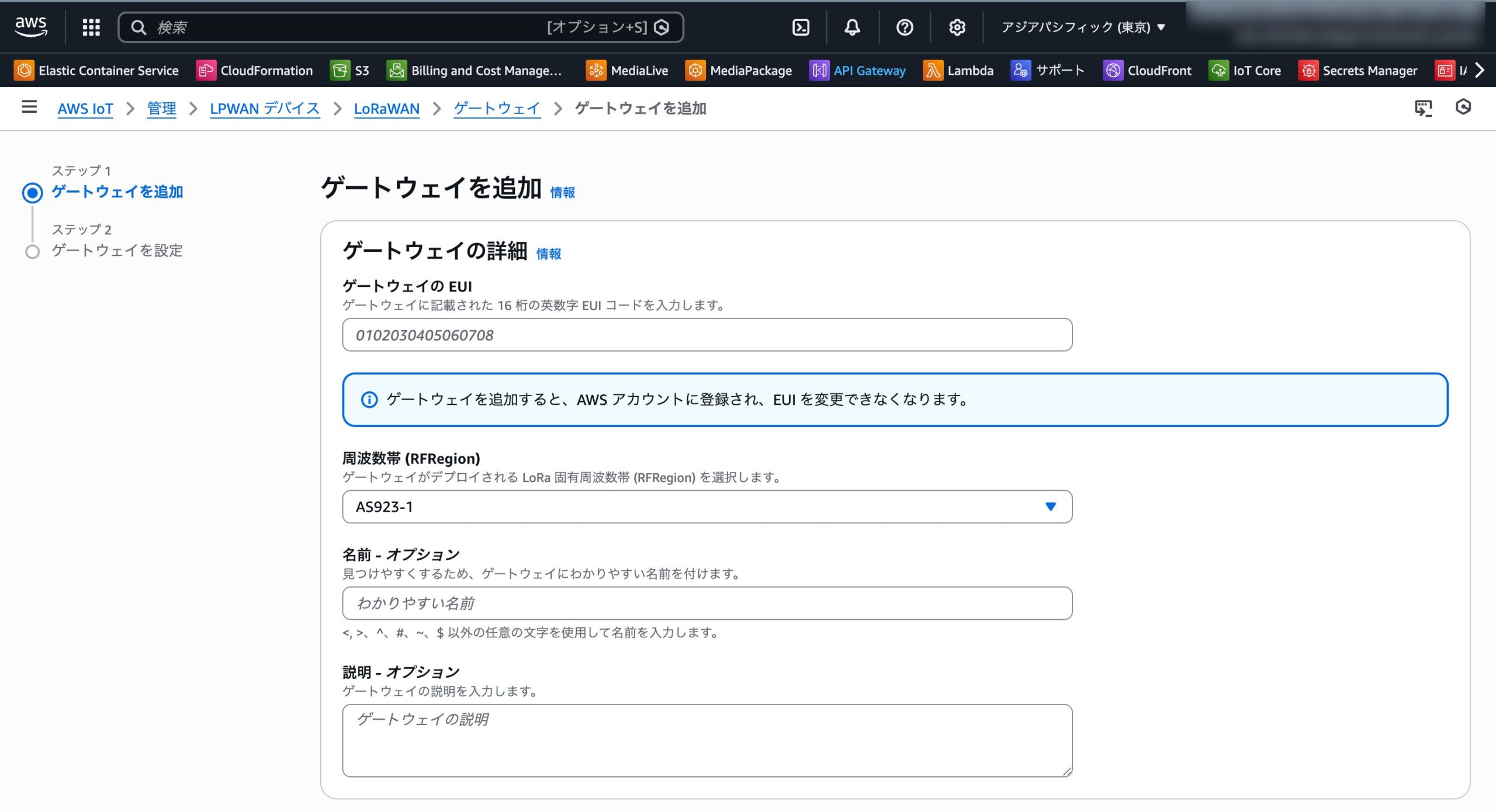 AWS LoRaWAN Gateway 作成画面