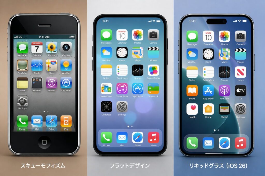 2007年スキューモフィズム、2013年フラット、2025年リキッドグラスのデザイン比較