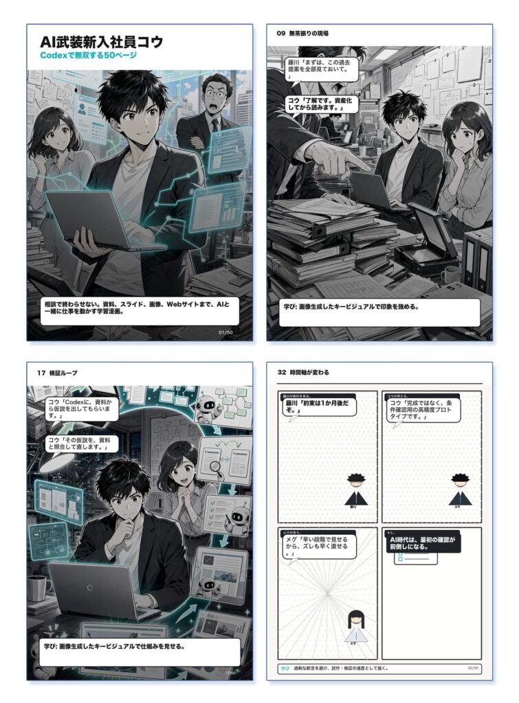 制作者のコンタクトシート：表紙、重要シーン、説明内容を俯瞰し、読み順や見方を確認しました。